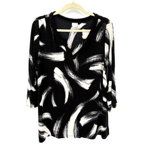 CHICO'S TRAVELERS Women's Size 2 12/14 Large Black & Ecru Brushstrokes Tunic Top